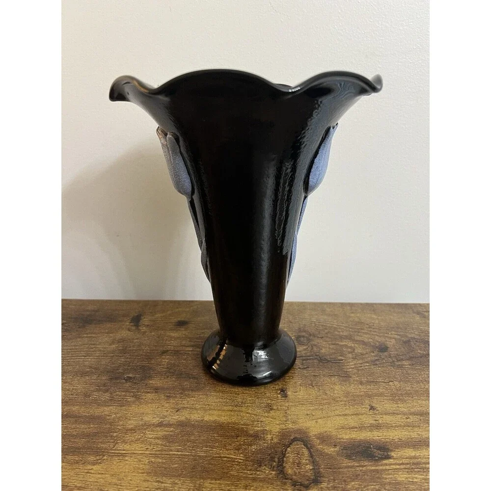 Vintage Black Glass Tulip Motif Fan Vase MCM unbranded Gorgeous Boho Cottagecore